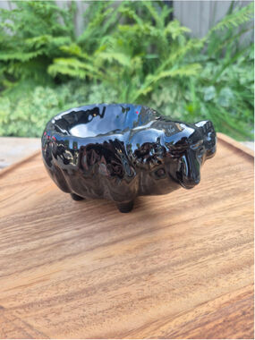 Vintage Glossy Black Ceramic Ram Figurine Dish • Mid Century Modern Tabletop